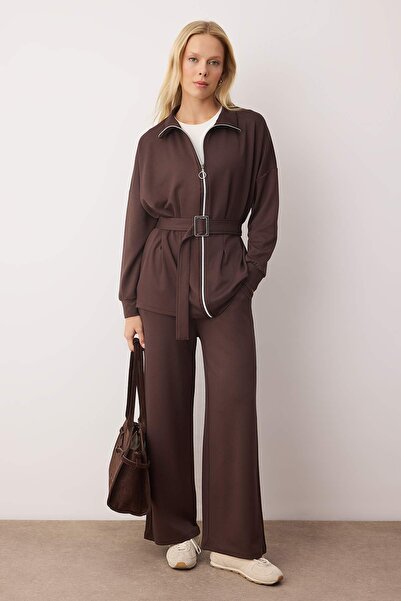 Trendyol Modest Brown Regular Waffle Plain Knitted Hijab Bottom - Top Set Tctaw26Us00077