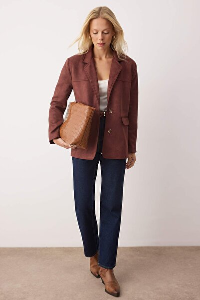 Trendyol Collection Brown*001 Comfortable Fit Woven Suede Blazer Jacket Twoaw26Bc00001