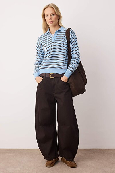 Trendyol Collection Light Blue Striped Polo Neck Knitwear Sweater Twoaw22Kz0193