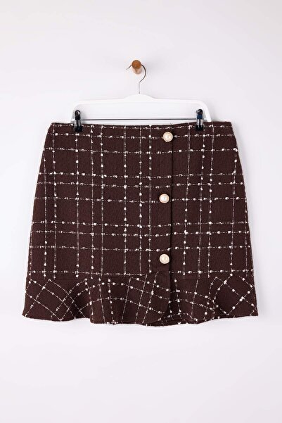Trendyol Curve Brown Tweed Plaid/Checkered Mini Woven Plus Size Skirt Tbbaw26Az00039