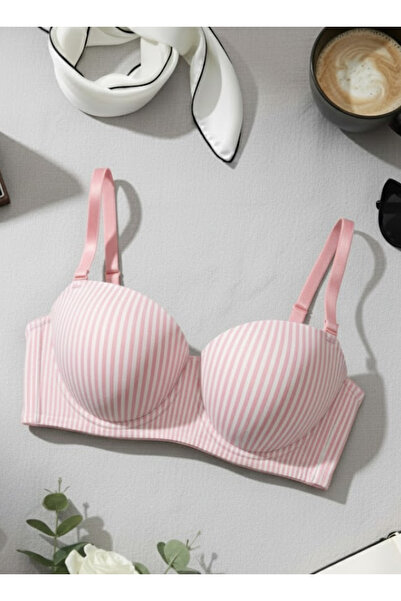Comfort Women’s Padded Striped Memory Foam Bra – Non-Wired, Adjustable Straps – Pink