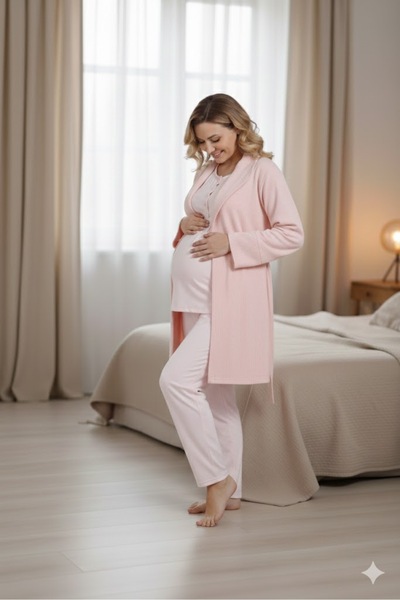 Lohusa Dünyasi Set de pijamale de maternitate pentru femei, cu mâneci lungi, cu guler șal jacquard, cu design special, 3 piese