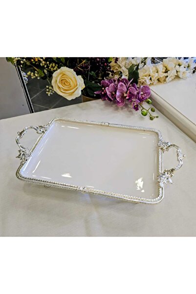 MaviDamla طبق تقديم من البورسلين مع إطار مصبوب وقاعدة 30*22 فضي اللون