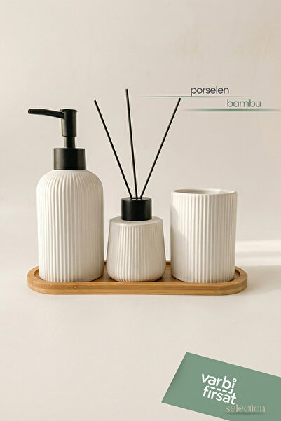 Varbifırsat 3'lü Porselen Banyo Seti – Bambu Tabanlı Şık Aksesuar Seti (Sabunluk, Diş Fırçalık, Oda Kokusu Kabı)