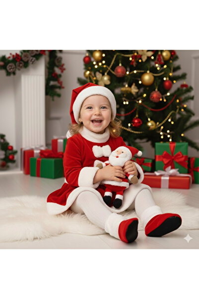 Tülü Akkoç Kız Bebek Noel Elbise Çıtçıtlı Patikli Şapkalı Yılbaşı Kostümü
