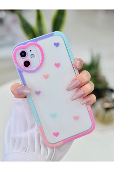 Go Aksesuar Iphone 11 Uyumlu Antişok (12 Görünümlü Köşeli) Kalp Kamera Tasarımlı Silikon Kamera Korumalı Kılıf