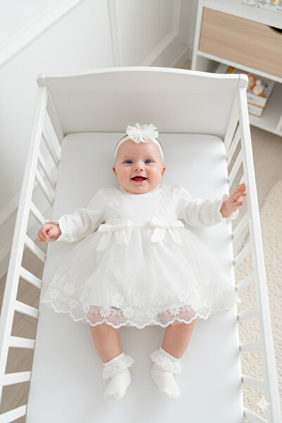 Miniday Baby Kız Bebek Mevlütlük Elbise Dantelli Bandanalı ELB1071