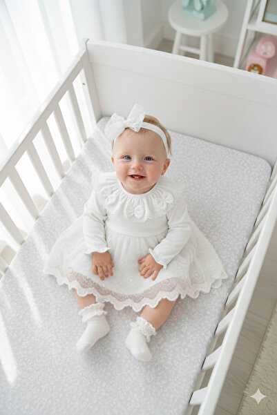 Miniday Baby Kız Bebek Mevlütlük Elbise Bandanalı Dantelli ELB1072