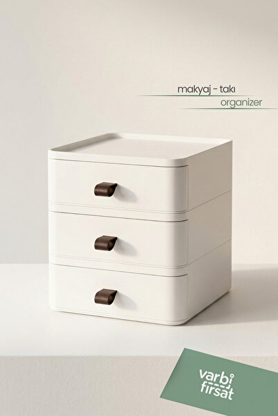 Varbifırsat 3'lü Takı, Makyaj Ve Kozmetik Düzenleyici Çekmece, Ofis Masa Düzenleyici -beyaz