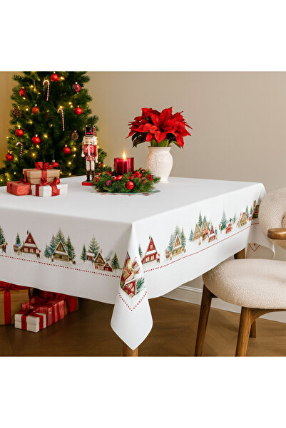 Lenjerii Deosebite Fata de masa Craciun cu cabane si brazi, bumbac 100% 140x320cm, Cabin