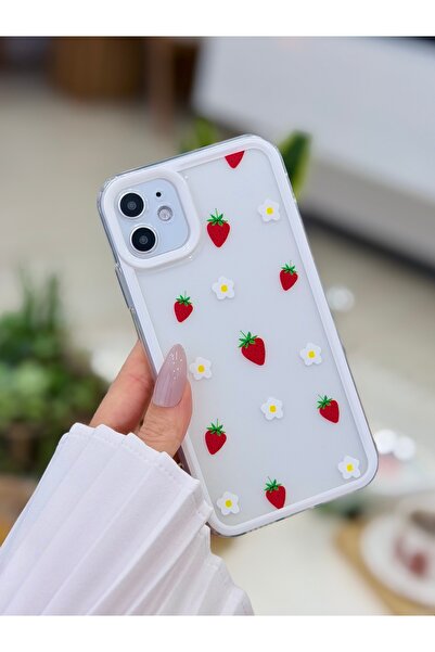 Go Aksesuar Iphone 11 Uyumlu (köşeli - 12 Görünümlü )şeffaf Çilek Baskı Desen...