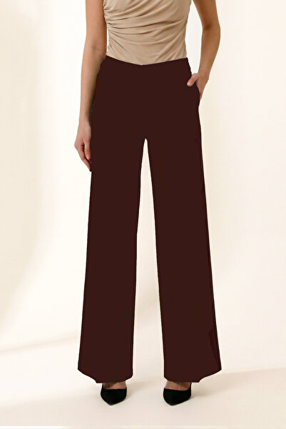 LA PANTE Pantaloni de damă pantaloni palazzo Pantaloni cu picioare largi material elastic Pantaloni largi, confortabili, maro, cu nasturi în față