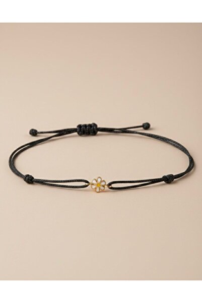 Altıncık 14 Ayar Altın Papatya Siyah Ipli Bileklik