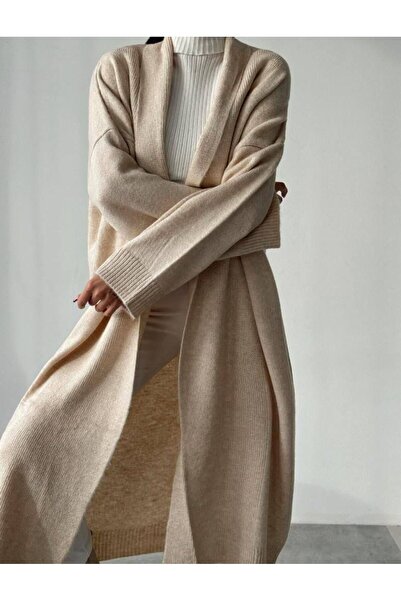 OYERGA MODA Cardigan lung din tricot pentru femei, cu guler șal, țesut simplu