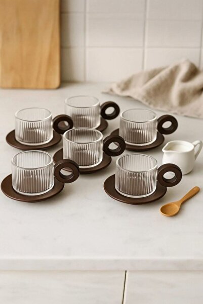 Qerhome Borosilikat Cam Akasya Saplı Çizgili Tasarmlı ve Akasya Tabaklı Çay K...