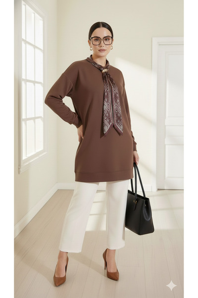 Curly Brown Modal Fabric Tunic with Scarf Collar