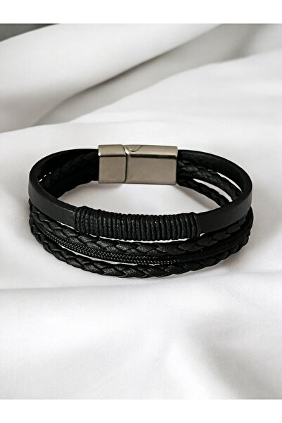 DEHNA سوار جلدي للرجال - 4 قطع من الجلد الأسود المحبوك ومغلف بالخيط