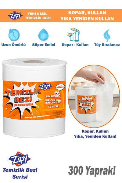 zipy Temizlik Bezi Toz Bezi Süper Dayanıklı Kullan At 300 Adet Mega Dev Rulo