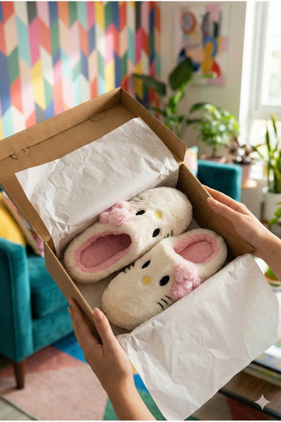 StWenn Hello Figured Ribbon Detailed Fluffy Animal Figured Slippers Women's Home Slippers