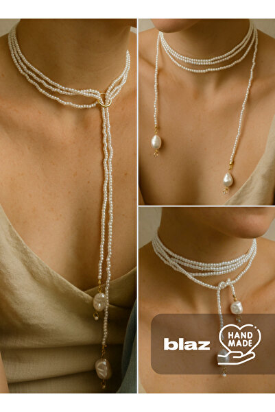Handmade Çelik Altın Klipsli Çok Katlı Mini İnci Kolye (150 cm)