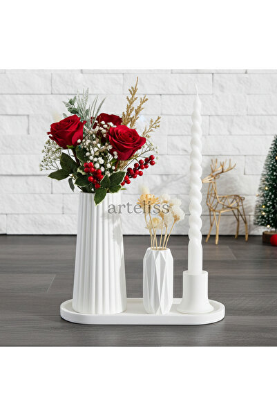 Arteliss Dekoratif Sunum Tepsili Silindir Vazo Şamdan Seti | İskandinav Tasarım