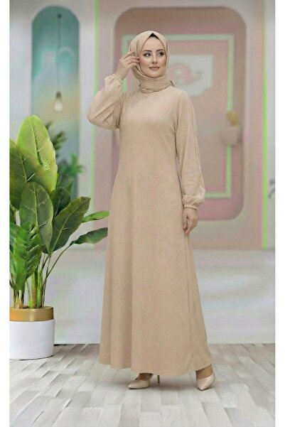 MİSMOLY Kemer Detaylı Lastik Kollu Uzun Tesettür Elbise