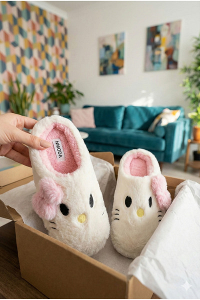 StWenn Hello Figured Ribbon Detailed Fluffy Animal Figured Slippers Women's Home Slippers