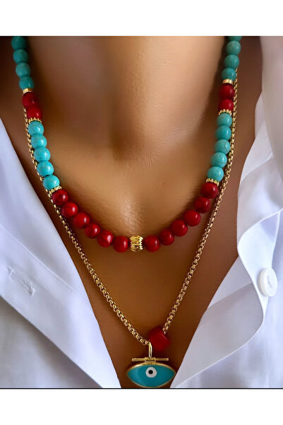 Nevaa Still Turkuaz doğaltaş altın kaplama zincir çoklu kolye