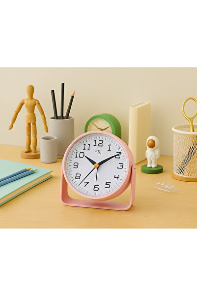 Livava Döner Standlı Mini Metal Masa Saati, Alarmlı ve Işıklı, Pembe, 13x10 cm