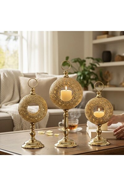 city gold 3’LÜ GOLD MUMLUK DEKORATİF 42-36-30 CM