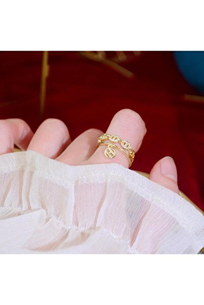 Pursehuit Inel auriu, reglabil, suflat cu aur de 14k și pietre de zirconiu, M...