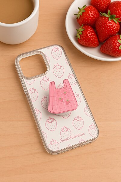 OSG İphone 16 Pro Uyumlu Çilek Popsocket El Tutacağı Stress Çarklı 3 Boyutlu Süper Dizayn Kılıf