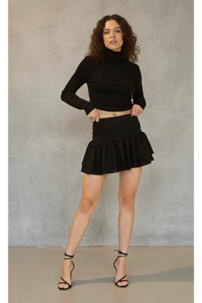 Linich&Co talie înaltă drapat Fusta mini neagră elastică cu volane 9162