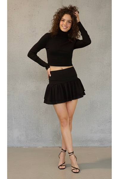 Linich&Co talie înaltă drapat Fusta mini neagră elastică cu volane 9162