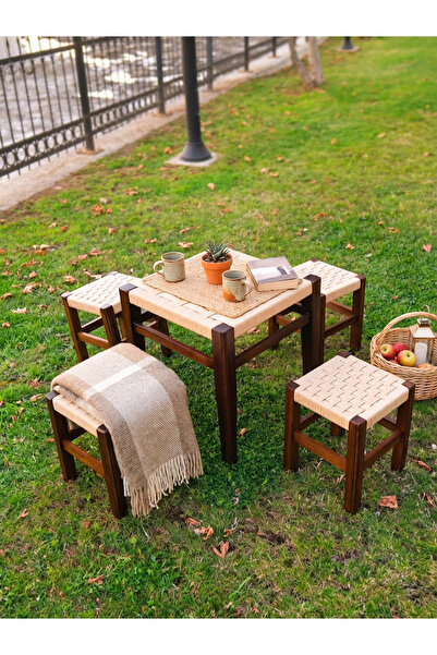 ARMES EV CONCEPT Örmeli Hasır Tabure ve Masa Takımı | 1 Masa - 4 Tabure