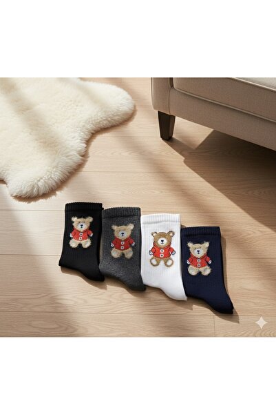 Pierre Lines Tedy Bear Print College Socks Set 4 Pairs