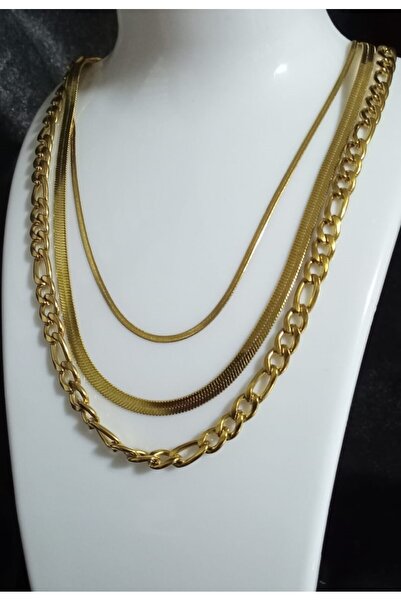 KANERUZ Gold Renk Çoklu Zincir Çelik Kolye