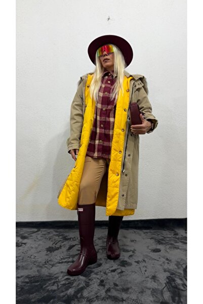 NUNU365COM NuNu By Noir Bej Tüylü Kapüşonlu Oversize Gabardin Mont