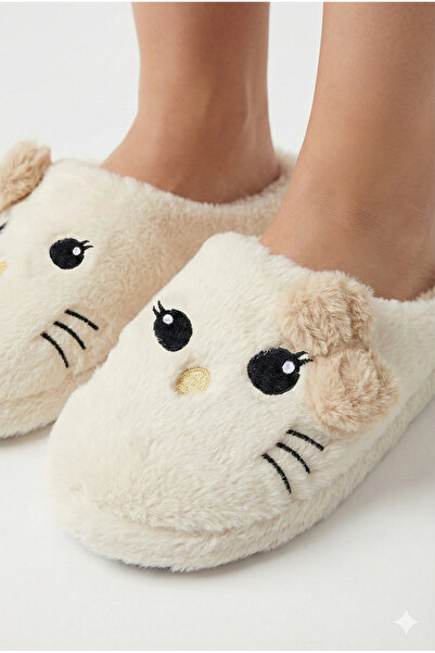 StWenn Hello Figured Ribbon Detailed Fluffy Animal Figured Slippers Women's Home Slippers