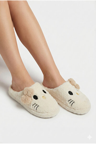 StWenn Hello Figured Ribbon Detailed Fluffy Animal Figured Slippers Women's Home Slippers