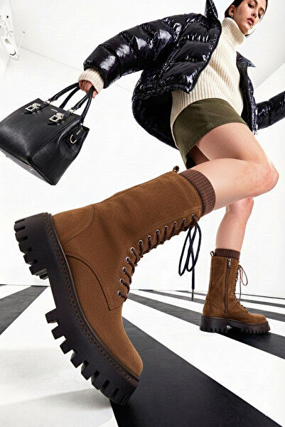 EPTC Cizme lungi pentru femei din piele intoarsa maro cu siret – Model casual...