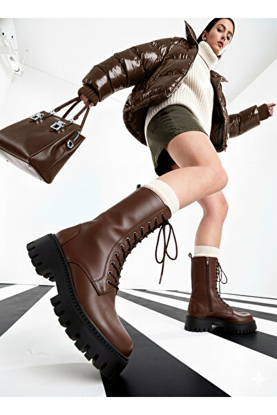 EPTC حذاء نسائي من الجلد الطبيعي باللون البني الداكن وطويل ورباط ونعل سميك – ...