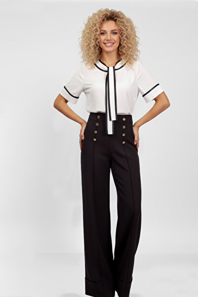 zaden Moda Yüksek Bel Düğmeli Siyah Ispanyol Paça Pantolon