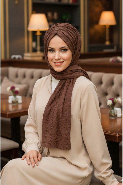 Aişe tesettür Kahve Kelebek Model Büzgülü Bone Şal