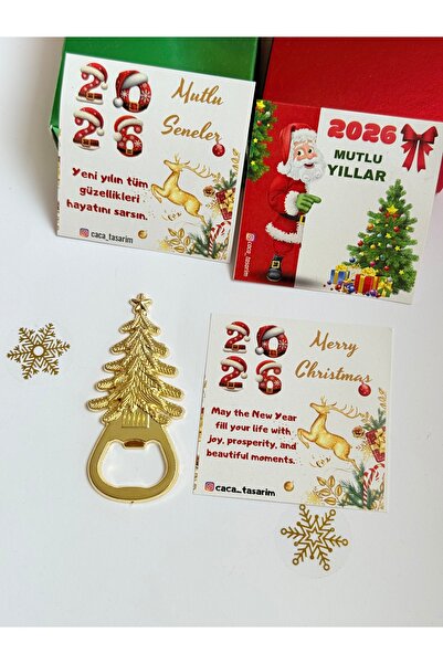 cacatasarım Yılbaşı Ağacı Şişe Açacağı Metal Gold Yılbaşı Tebrik Kartlı Chris...