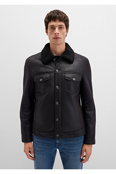 Mavi Schwarze Kunstlederjacke mit Kunstfellbesatz, reguläre Passform / normaler Schnitt 0110460-71379