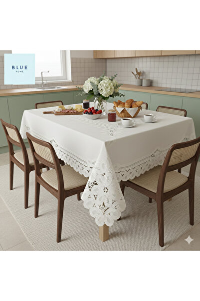 Blue Home مفرش طاولة مطبخ بمظهر دانتيل من القماش الزيتي PVC مع تصميم زهرة بيضاء مقاس 120 × 150 سم