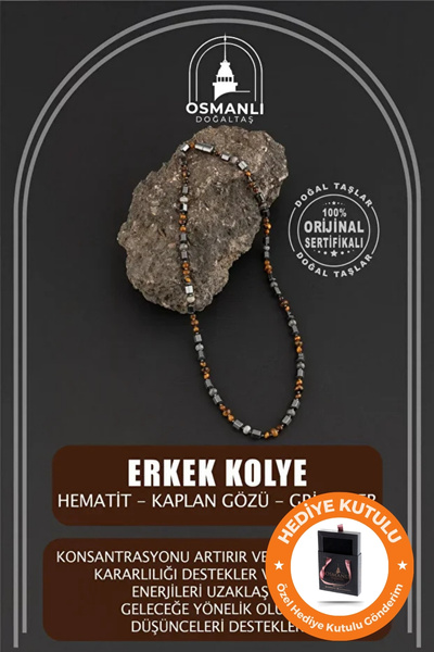 OSMANLI DOĞAL TAŞ Orijinal & Sertifikalı Tasarım Erkek Kolye Kaplan Gözü Gri Jasper Hematit Kutulu Doğal Taşlı Kolye