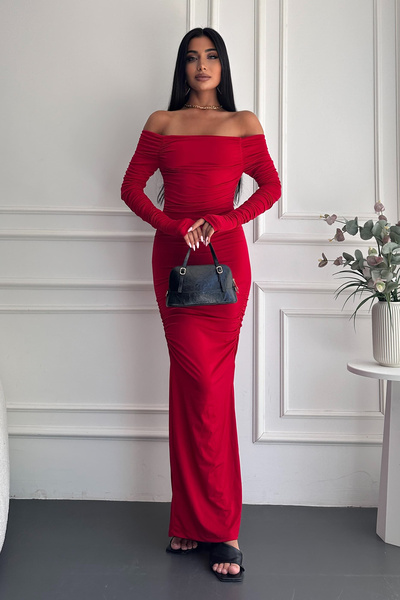 MILANOFOX Piros, hasított, hosszú ujjú, ujjal összekötő Sandy Madonna ruha – Stílusos és elegáns estélyi ruha modell