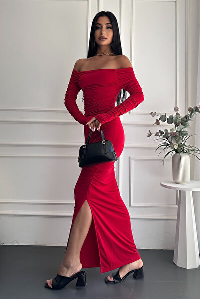 MILANOFOX Piros, hasított, hosszú ujjú, ujjal összekötő Sandy Madonna ruha – Stílusos és elegáns estélyi ruha modell